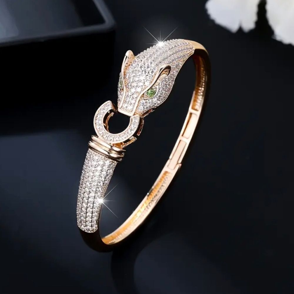 Elegant Gold Diamond Leopard Head Bangle Bracelet